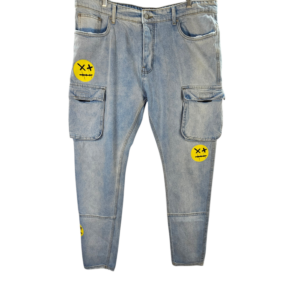 NWT Boohoo Man Mens 42 Ice Blue Denim Jean Plus Skinny Rigid Stacked Print Cargo